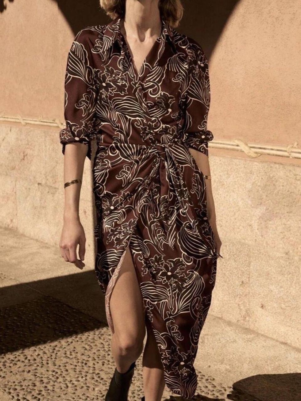 Zara Brown Floral Wrap Midi Dress with Knot Waist